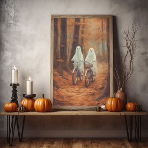 Ghost Riding A Bicycle Wall Art, Ghost Couple In The Forest Hanging Poster Canvas, Cycling In The Forest Canvas, Poster Happy Ghost