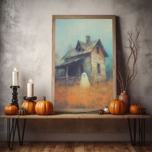 Cute Ghost At The Abandoned House Poster, Vintage Poster, Art Poster Print, Dark Academia, Haunting Ghost, Halloween Decor, Print Wall Art