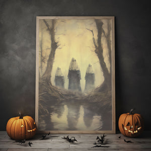 Three Femail Ghost In The Murky Forest Poster, Vintage Photography, Art Poster Print, Gothic Occult Poster, Halloween Poster, Wall Decor, Halloween Decor