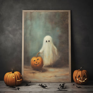 Funny Ghost By The Smile Pumpkin Print Poster, Ghosts Art Print, Halloween Art Print, Halloween Decor, Spooky Vintage Halloween, Print Wall Art, Halloween Gift