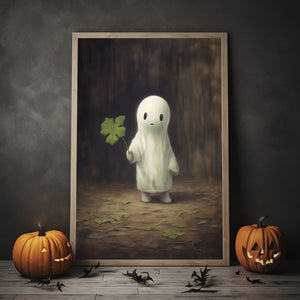 Ghost Holding The Four Leaf Clover Print Poster, Ghosts Art Print, Halloween Art Print, Halloween Decor, Spooky Vintage Halloween, Print Wall Art, Halloween Gift