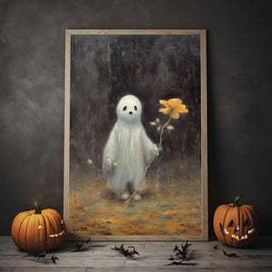 Ghost Holding A Sunflower Print Poster, Gothic art Poster, Art Poster Print, Haunting Ghost, Halloween Decor, Spooky Gothic Printable, Wall Decor