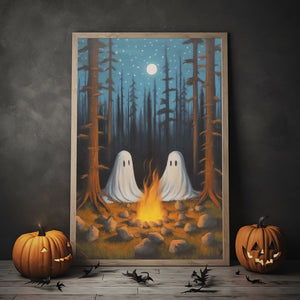 Two Ghost On Campsite Wall Art Print Poster, Halloween Poster, Art Poster Print, Dark Academia, Gothic Retro, Halloween Decor, Cute Ghost Poster