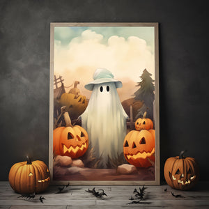 Ghost In The Pumpkin Patch Poster, Halloween Poster, Art Poster Print, Dark Academia, Gothic Retro, Halloween Decor, Cute Ghost Poster