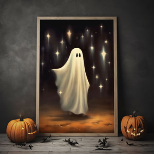 Ghost And Falling Stars Print Poster, Halloween Poster, Art Poster Print, Dark Academia, Gothic Retro, Halloween Decor, Cute Ghost Poster