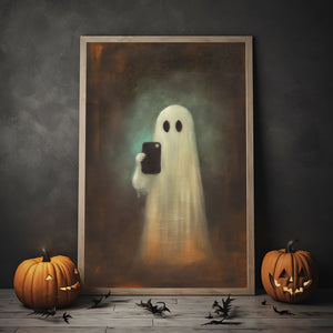 Cute Ghost Holding Smart Phone Print Poster, Halloween Poster, Cowboy Poster Print, Dark Academia, Halloween Decor, Cute Ghost Poster,Vintage Photography