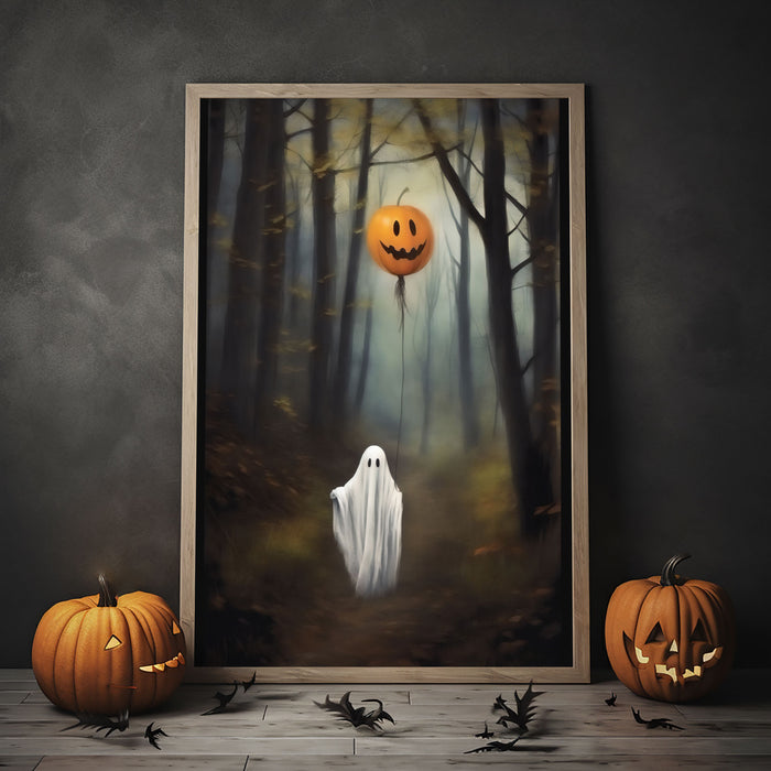 Ghost Holding A Pumpkin Balloon In The Forest, Halloween Poster, Art Poster Print, Dark Academia, Gothic Retro, Halloween Decor, Cute Ghost Poster