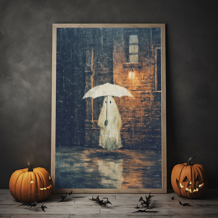 Ghost Holding Umbrella Standing In The Rain Poster Print, Fall Decor, Vintage Poster, Art Poster Print,Halloween Decor, Gothic Victorian,Dark Academia