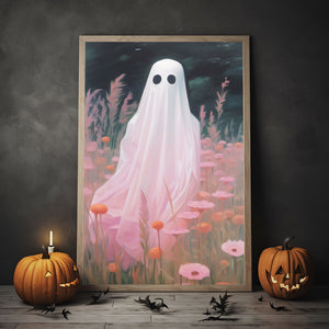 Pink Ghost In The Pink Flower Field Poster Print,Gothic Art Poster, Art Poster Print, Haunting Ghost, Halloween Decor,Pink Art Poster