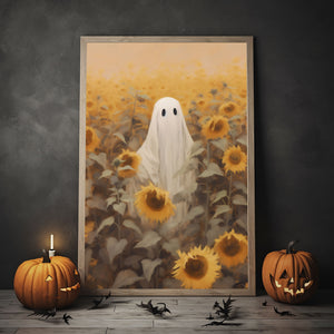 Ghost In The Sunflower Field Poster Print,Gothic Art Poster, Art Poster Print, Haunting Ghost, Halloween Decor,Fall Decor