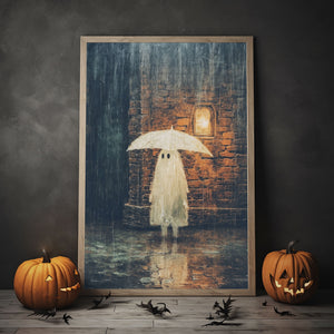 Ghost Holding Umbrella Standing In The Rain, Fall Decor, Vintage Poster, Art Poster Print,Halloween Decor, Gothic Victorian,Dark Academia