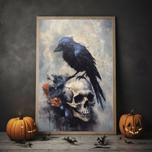 Black Crow On Skull Print Poster, Black Crow Dark Romantic Creepy, Halloween Art, Vintage Poster, Art Poster Print, Dark Academia, Gothic Victorian Crow