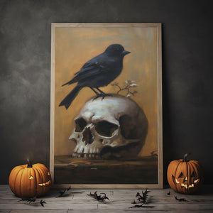 Black Crow On Skull Head Print Poster, Oil Painting Art, Halloween Art, Vintage Poster, Art Poster Print, Dark Academia, Gothic Victorian Crow