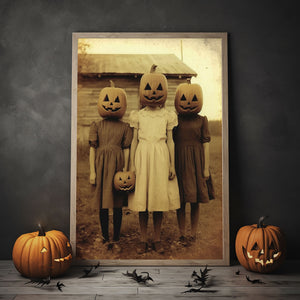 Three Kids With Pumpkin Heads Poster, Vintage Photography, Art Poster Print, Gothic Occult Poster, Halloween Poster, Wall Decor