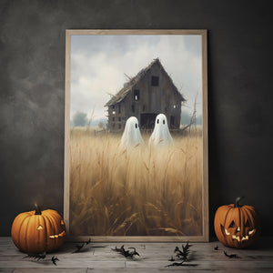 Couple Cute Ghost In The Field Print Poster, Ghosts Art Print, Halloween Art Print, Halloween Decor, Spooky Vintage Halloween, Halloween Gift