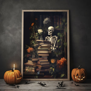 The Skeleton Is Reading A Book Poster, Vintage Poster, Art Poster Print, Haunting Ghost, Halloween Decor, Dark Academia Room Decor