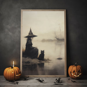 The Witch And Black Cat By The River Poster, Vintage Poster, Haunting Ghost, Halloween Decor, Dark Academia Room Decor, Books Room Decor