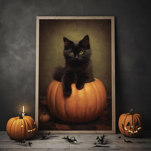 Black Cat In A Pumpkin Poster Print, Halloween Poster, Art Poster Print, Dark Academia, Gothic Retro, Halloween Decor, Black Cat Poster
