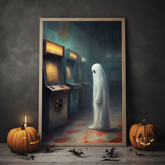 Ghost In An Abandoned Arcade, Halloween Poster, Art Poster Print, Dark Academia, Gothic Retro, Halloween Decor, Cute Ghost Poster