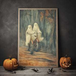 Ghost Couple Riding A Bicycle Wall Art, Ghost Couple In The Forest Hanging Poster, Cycling In The Forest Poster, Poster Happy Ghost, Halloween Decor