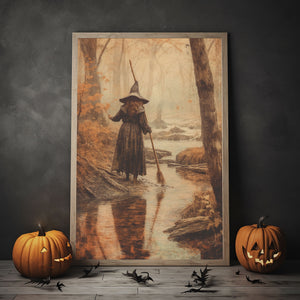 Witch In The Creek In The Fall Forest Poster Print, Witch Decor, Vintage Poster, Art Poster Print,Halloween Decor, Gothic Victorian,Dark Academia