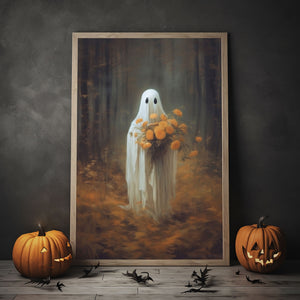 Ghost Holding Flowers In The Fall Forest Poster Print, Fall Decor, Vintage Poster, Art Poster Print,Halloween Decor, Gothic Victorian,Dark Academia