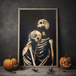 Romantic Skeleton Couple Print Poster, Skeleton Oil Painting, Vintage Poster, Haunting Ghost, Halloween Decor, Print Wall Art