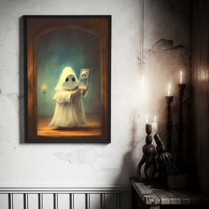 Ghost Holding A Smart Phone Print Poster, Halloween Poster, Art Poster Print, Dark Academia, Gothic Retro, Halloween Decor, Cute Ghost Poster