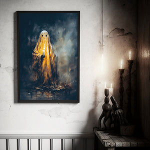 Ghost In The Night Poster, Ghost Holding A Candle, Gothic art Poster, Art Poster Print, Haunting Ghost, Halloween Decor