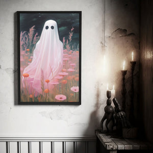 Pink Ghost In The Pink Flower Field Poster Print,Gothic Art Poster, Art Poster Print, Haunting Ghost, Halloween Decor,Pink Art Poster