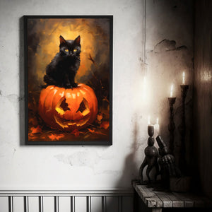 Cat On A Pumpkin Poster, Black Cat Art Poster Print, Dark Academia, Oil Painting, Witchy Decor, Halloween Poster