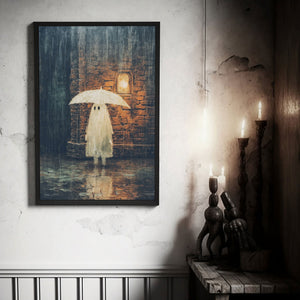Ghost Holding Umbrella Standing In The Rain, Fall Decor, Vintage Poster, Art Poster Print,Halloween Decor, Gothic Victorian,Dark Academia