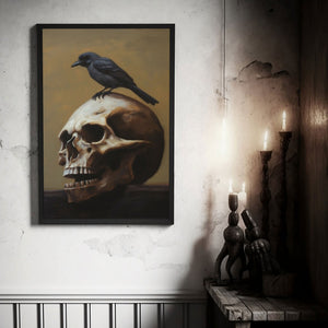 Black Crow On Skull Print Poster, Oil Painting Art, Halloween Art, Vintage Poster, Art Poster Print, Dark Academia, Gothic Victorian Crow