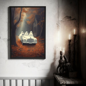 Ghosts In The Fall Woods In A Car Poster, Halloween Autumn Poster, Art Oil Painting, Haunting Ghost, Halloween Decor, Print Wall Art