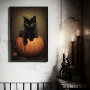 Black Cat In A Pumpkin Poster Print, Halloween Poster, Art Poster Print, Dark Academia, Gothic Retro, Halloween Decor, Black Cat Poster