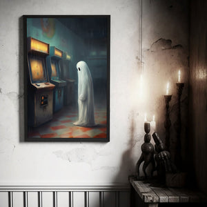 Ghost In An Abandoned Arcade, Halloween Poster, Art Poster Print, Dark Academia, Gothic Retro, Halloween Decor, Cute Ghost Poster