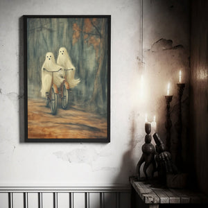 Ghost Couple Riding A Bicycle Wall Art, Ghost Couple In The Forest Hanging Poster, Cycling In The Forest Poster, Poster Happy Ghost, Halloween Decor