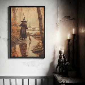 Witch In The Creek In The Fall Forest Poster Print, Witch Decor, Vintage Poster, Art Poster Print,Halloween Decor, Gothic Victorian,Dark Academia