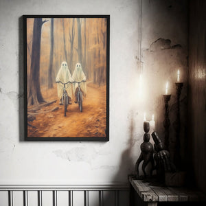 Ghost Couple In The Forest Hanging Poster, Cycling In The Forest Poster, Poster Happy Ghost, Ghost Riding A Bicycle Wall Art, Halloween Decor