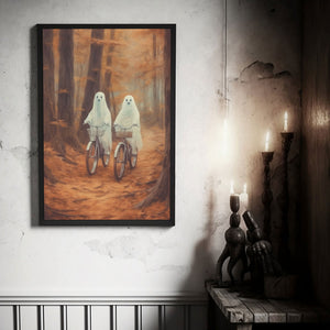 Ghost Riding A Bicycle Wall Art, Ghost Couple In The Forest Hanging Poster Canvas, Cycling In The Forest Canvas, Poster Happy Ghost