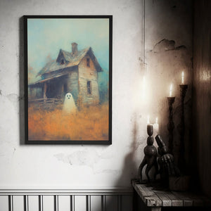Cute Ghost At The Abandoned House Poster, Vintage Poster, Art Poster Print, Dark Academia, Haunting Ghost, Halloween Decor, Print Wall Art