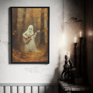 Ghost Playing Guitar In The Fall Forest Poster Print, Witch Decor, Vintage Poster, Art Poster Print,Halloween Decor, Gothic Victorian,Dark Academia