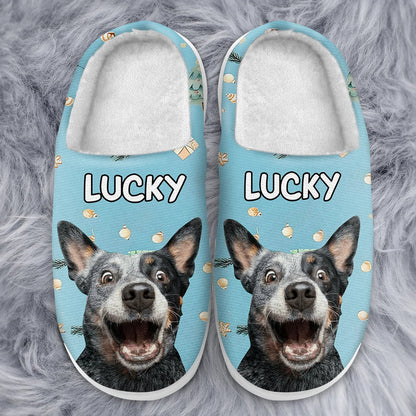 Custom Photo Pet Face Christmas Theme - Personalized Fluffy Slippers