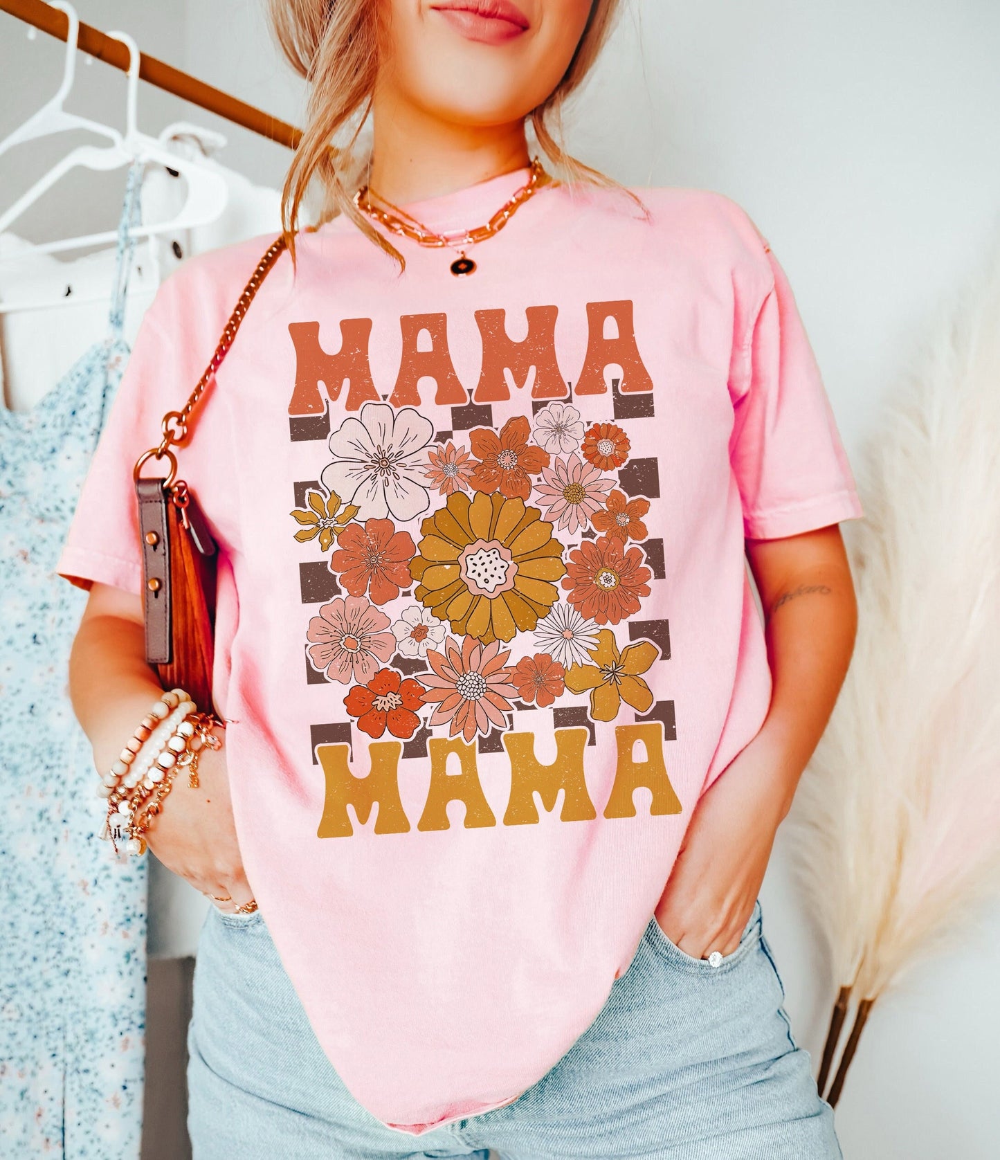 Léine Mamaí Retro Checkered, Léine Mamaí Floral, Léine Mamaí Bláthanna Fiáine, Bronntanas Lá na Máithreacha, Léine Mam Aeistéitiúil Trendy, Léine Máithreachais