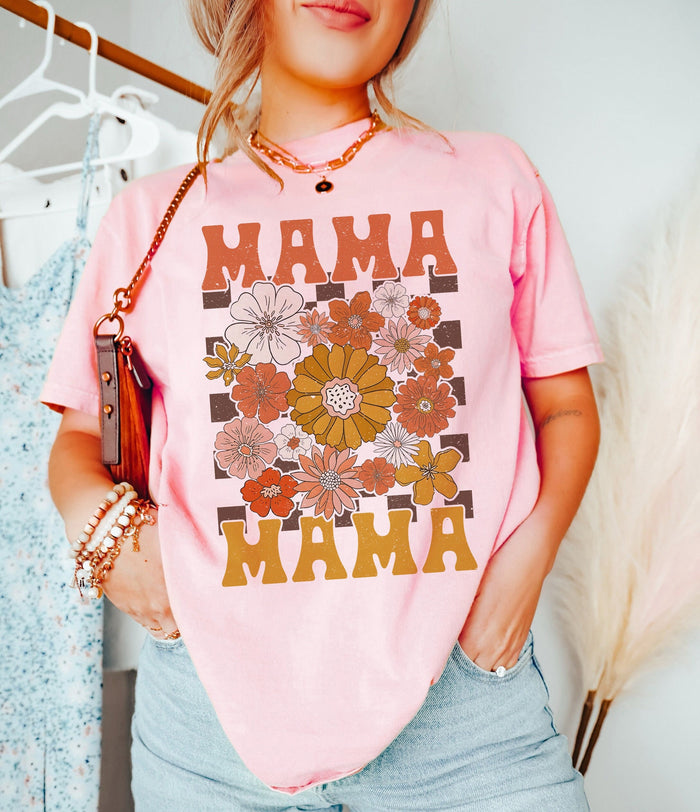 Retro Checkered Mama Shirt, Floral Mama Shirt, Wildflowers Mama Shirt, Mothers Day Gift, Aesthetic Trendy Mom Shirt, Motherhood Shirt
