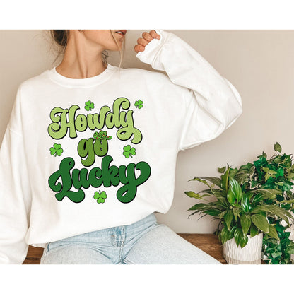 Retro Howdy Go Lucky Sweatshirt, Western St Patrick's Day Hoodie, Cowboy St Patrick's Shirt, Irish Lucky,Saint Patrick's Shirt for Women