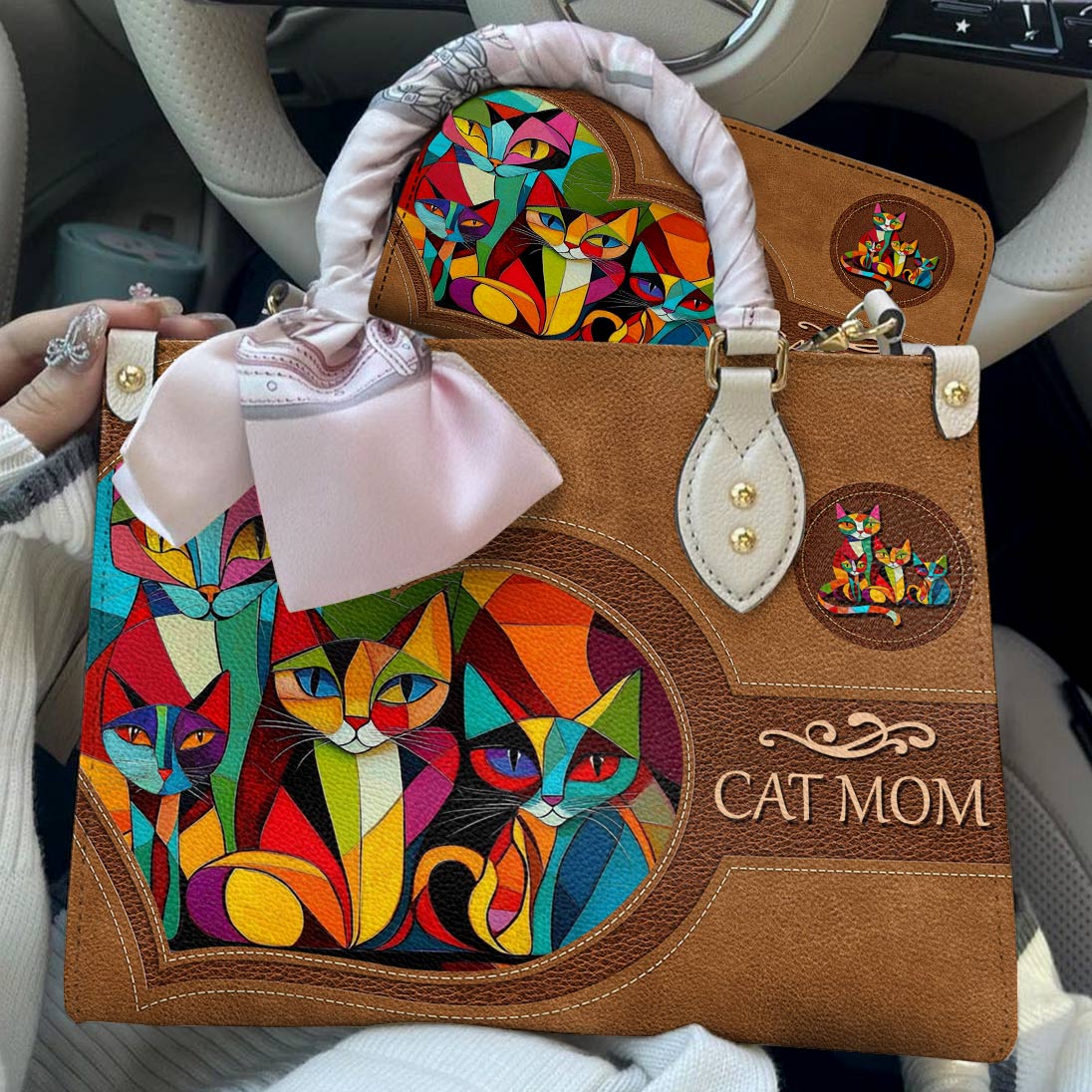 Leather Bag Colorful Cubism Cat Mom