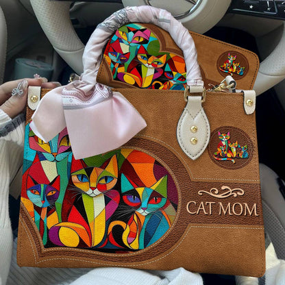 Leather Bag Colorful Cubism Cat Mom