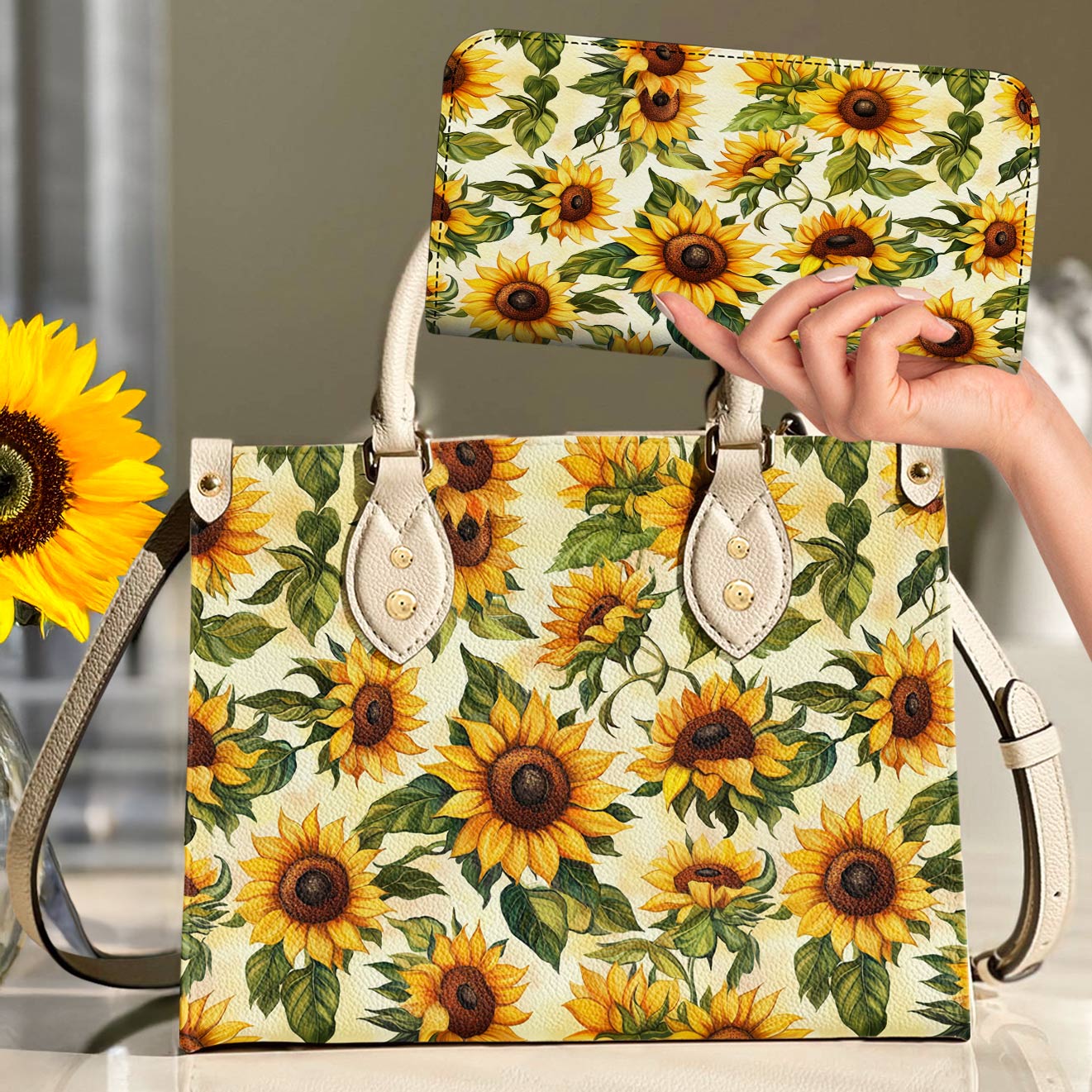 Leather Bag Happy Sunflowers