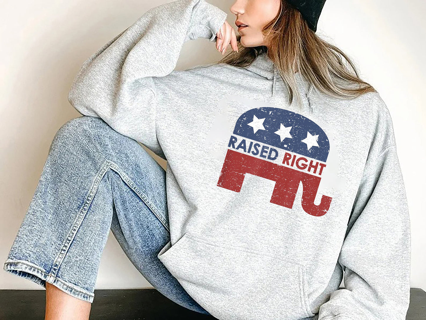 Raised Right Republican Elephant Pro America Conservative Sweatshirt Republican Gifts for Conservative Woman Men Republican Sweatshirt